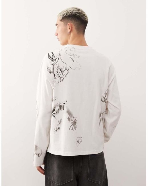 Weekday Recht Oversized T-Shirt Met Lange Mouwen En All-Over Schetsboekprint in het White voor heren