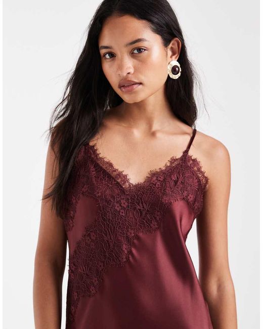 ONLY Red Asymmetric Lace Trim Satin Mini Dress