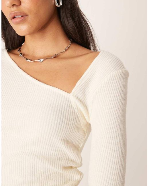 ASOS White Supersoft Asymmetric Neck Waist Detail Long Sleeve Top