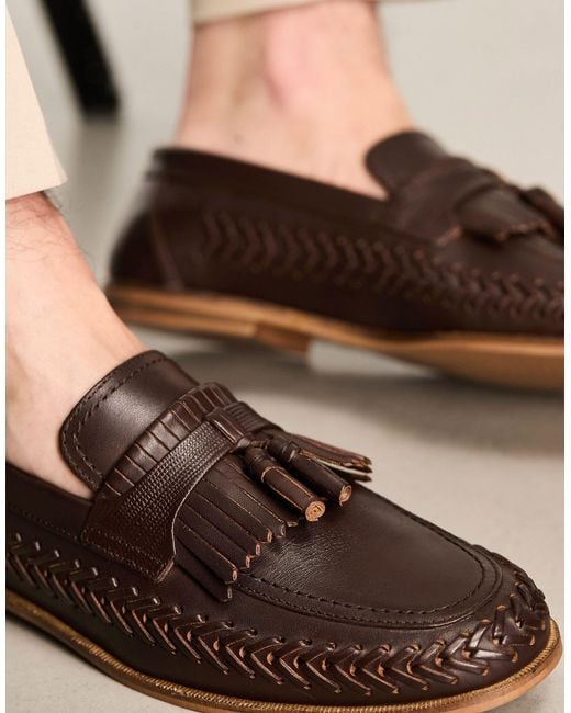 Walk London Brown Arrow Woven Tassel Loafers for men