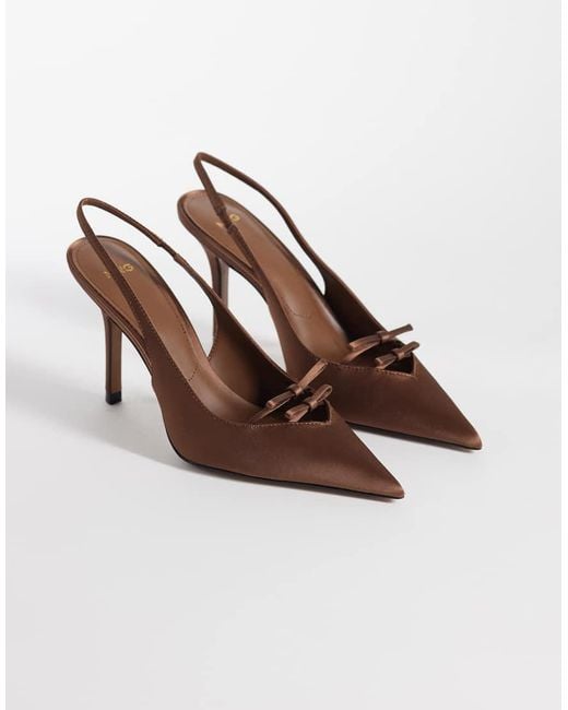 Mango Brown Satin Pointed Heeled Slingbacks With Bow Detail