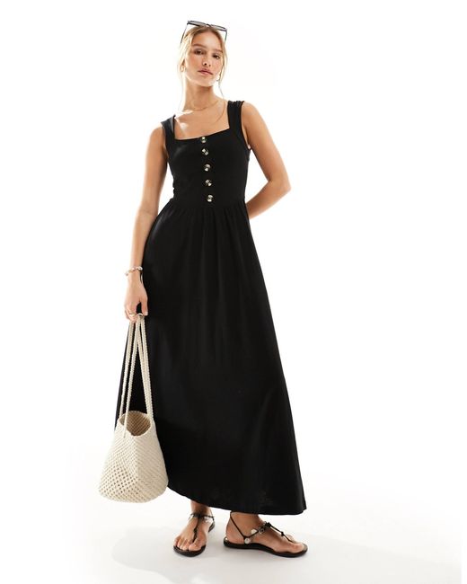 ASOS Black Square Neck Midi Sundress With Button Detail