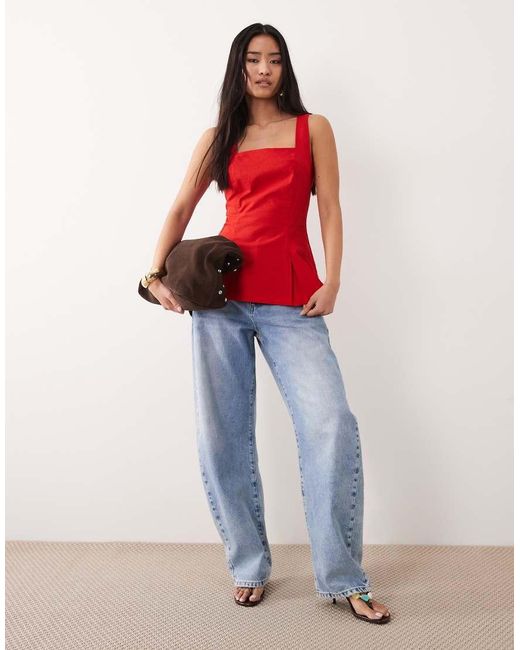 Nobody's Child Red Valencia Cotton Rich Square Neck Peplum Top