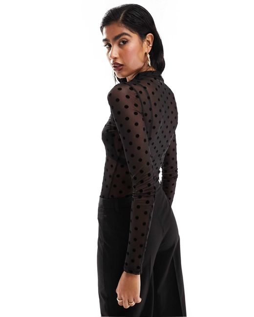 ASOS Black Mesh Long Sleeve Dobby Polka Dot Flock Bodysuit