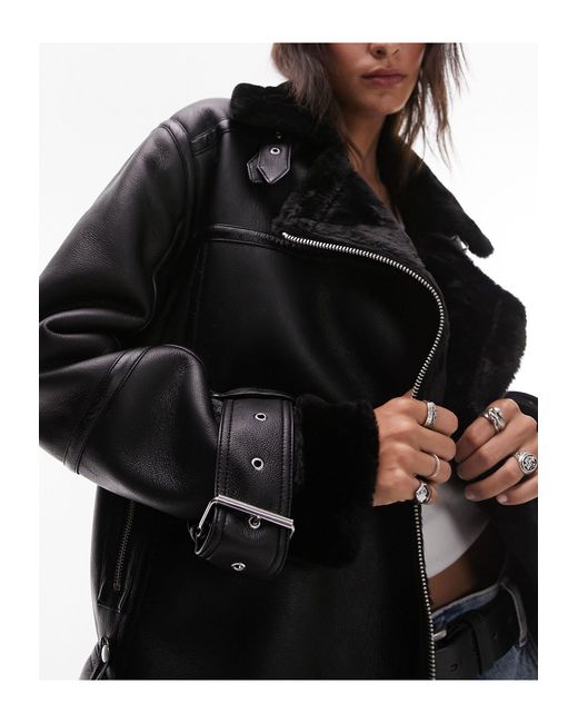 Faux Leather Shearling Oversized Aviator Biker Jacket in Black
