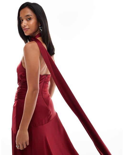 TFNC London Red Bridesmaids Satin Asymmetric Maxi Dress With Scarf Neck