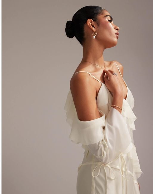 ASOS Natural Satin Chiffon Mix Ruffle Cold Shoulder Maxi Dress