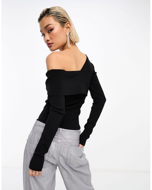 One shoulder black long sleeve top cheap