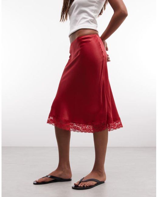 Reclaimed Vintage Red Satin Awkward Length Skirt With Lace Trim
