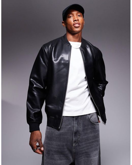 River Island Blue Faux Leather Bomber Jacket for men