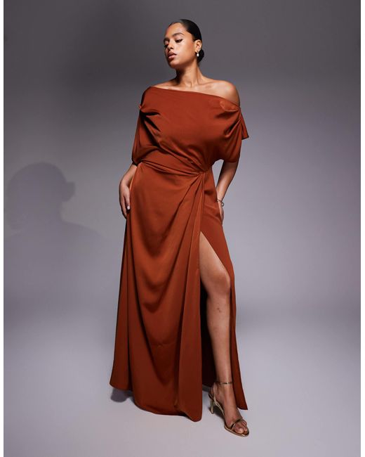ASOS Asos Design Curve Exclusive Satin Fallen Shoulders Side Slit Maxi Dress  in Brown | Lyst