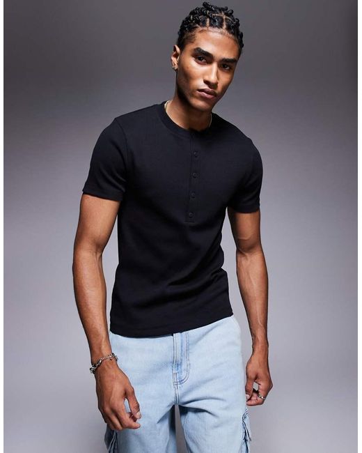 ASOS Blue Muscle Fit T-Shirt With Henley Neck for men