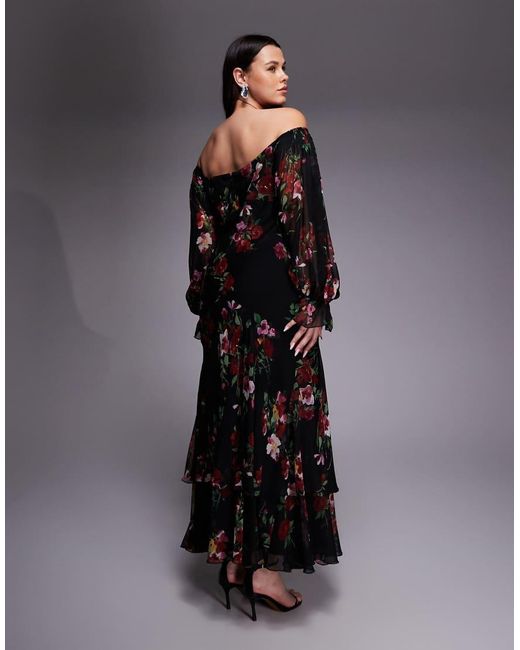 ASOS Black Asos Design Curve Bardot Ruffle Maxi Dress With Tiered Godets And Blouson Sleeves