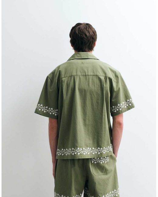 ASOS COLLECTIVE Green Relaxed Fit Cotton-linen Blend Embroidered Shirt for men