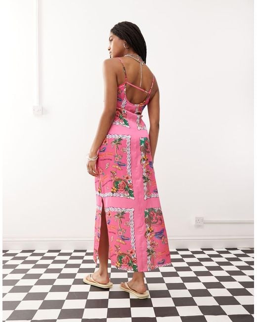 Vestido Veraniego Largo Rosa Luminoso De Tirantes Con Estampado De Postales De Reclaimed (vintage) de color White