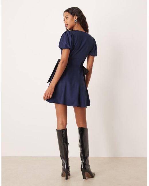 Nobody's Child Blue Remi V Neck Puff Sleeve Bow Side Mini Dress