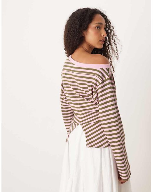 ASOS Multicolor Long Sleeve Off Shoulder Corset Waist Tee