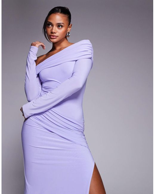 Missy Empire Purple Double Sculpted Slinky Asymmetric Fold Over Shoulder Drape Detail Bodycon Maxi Dress