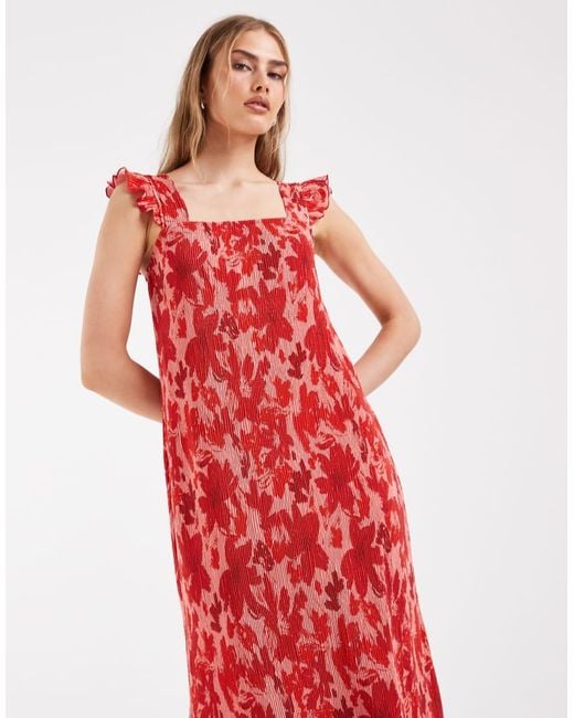 Pieces Red Plisse Maxi Dress With Frill Sleeves