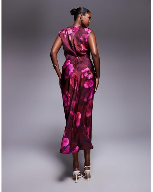 ASOS Hoogsluitende Midi Jurk Van Satijn Met Geplooid Lijfje En Bloemenprint in het Purple
