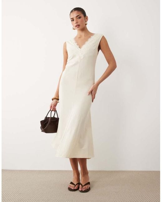 ASOS Natural Lace Applique Linen Look Midi Dress