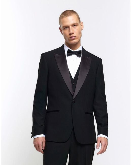 River Island Blue Slim Fit Tuxedo Jacket for men