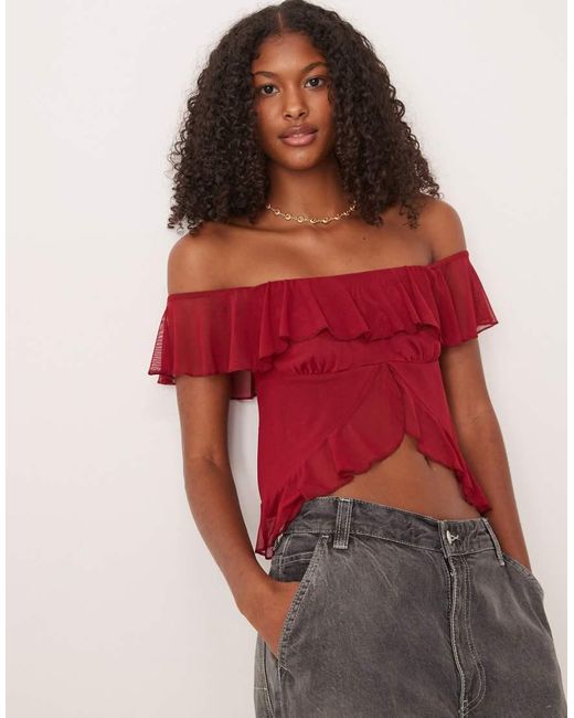 ASOS Red Ruffle Bardot Split Front Top