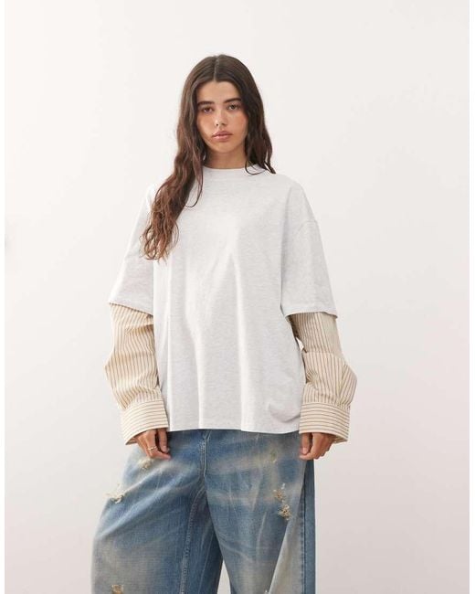 Lioness 2 In 1 Oversized T-shirt Overlay And Striped Long Sleeve Shirt In White And Beige Stripe