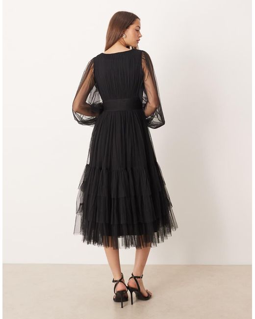 LACE & BEADS Black Bridesmaid Madison Deep V-sheer Bell Sleeve Tulle Midi Dress