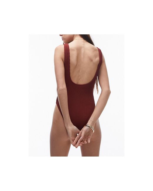 TOPSHOP Red Crinkle Scoop Back Swimsuit With Rings