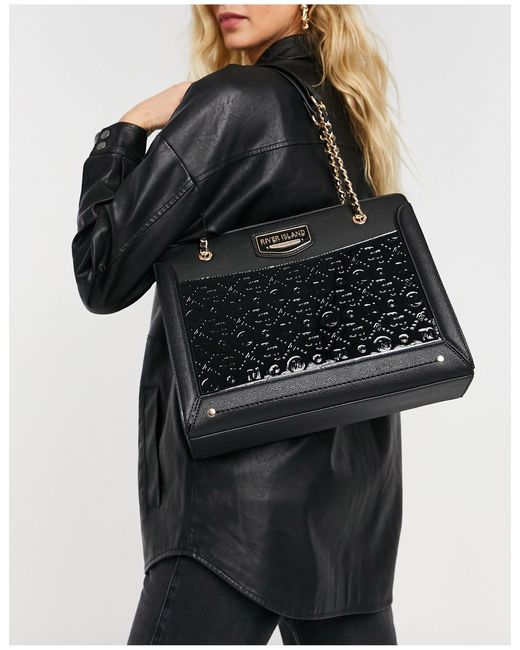 River Island Black Embossed Monogram Chain Handle Tote Bag