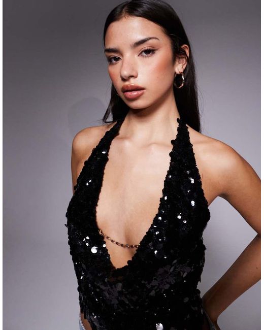 Tiger Mist Black Zana Halterneck Disc Sequin Chain Cowl Detail Tie Back Top
