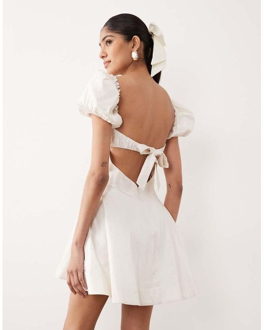 For Love & Lemons Natural Bridal Evaline Puff Sleeve Corset Bow Detail Open Back Mini Dress