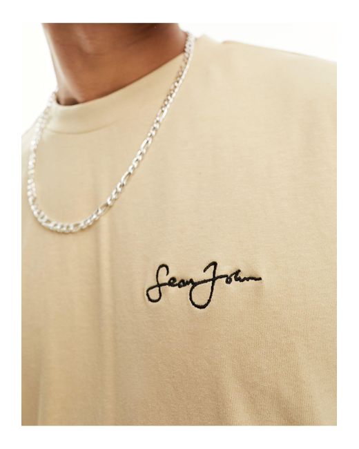 T-shirt beige con scritta e stampa di macchina rétro sulla schiena di Sean John in Metallic da Uomo
