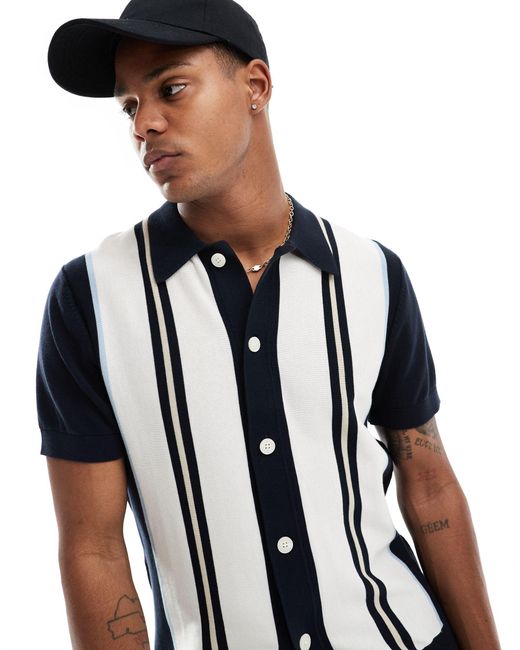 SELECTED Black Knitted Button Up Polo for men