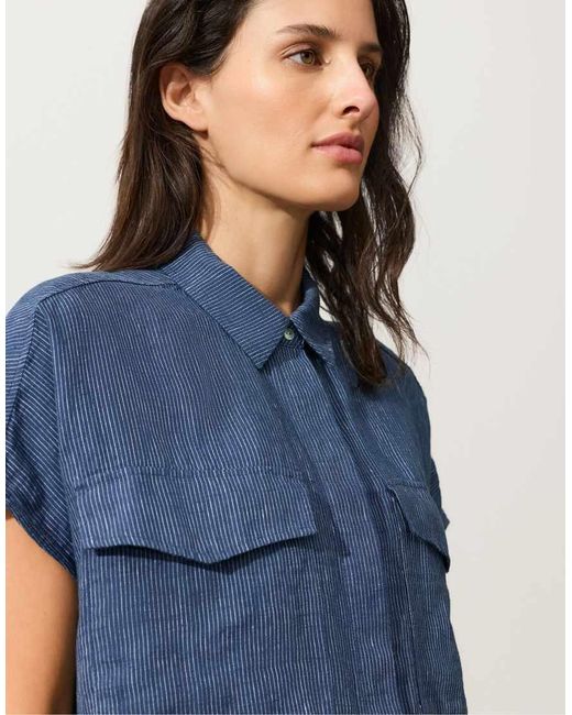 Oysho Blue 100% Linen Striped Shirt With Pockets