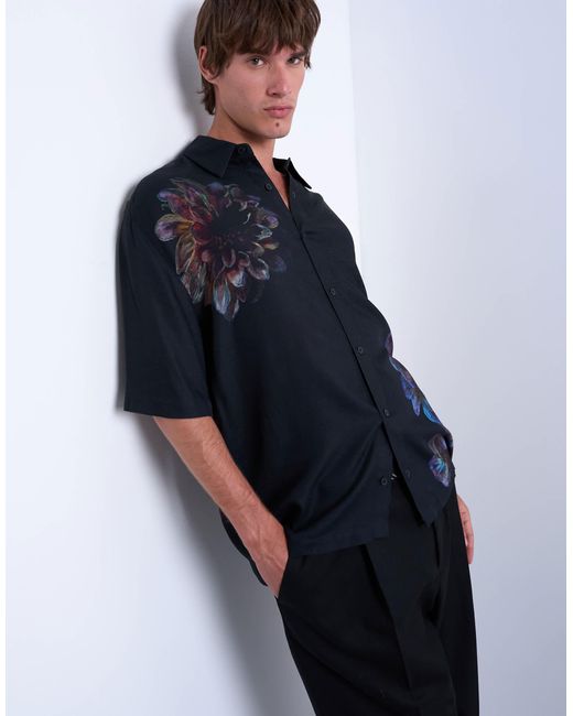 Topman Blue Relaxed Fit Short Sleeve Twill Shirt With Placement Floral Print for men