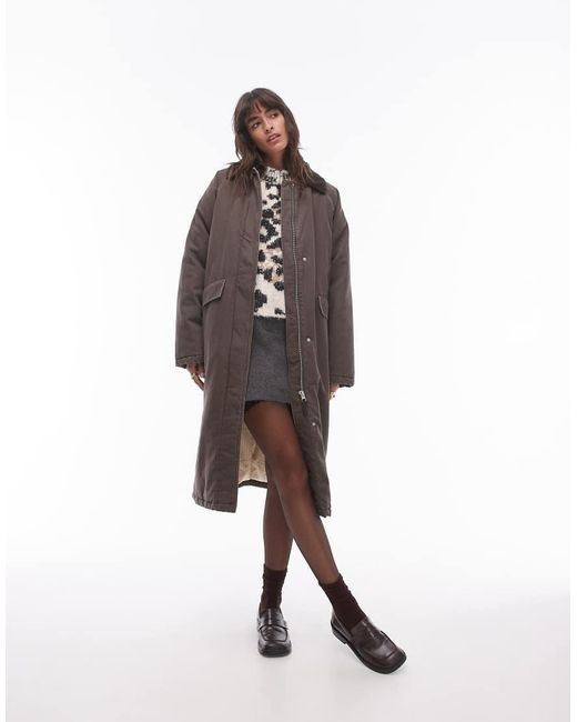TOPSHOP Brown Longline Cotton Padded Jacket With Cord Collar