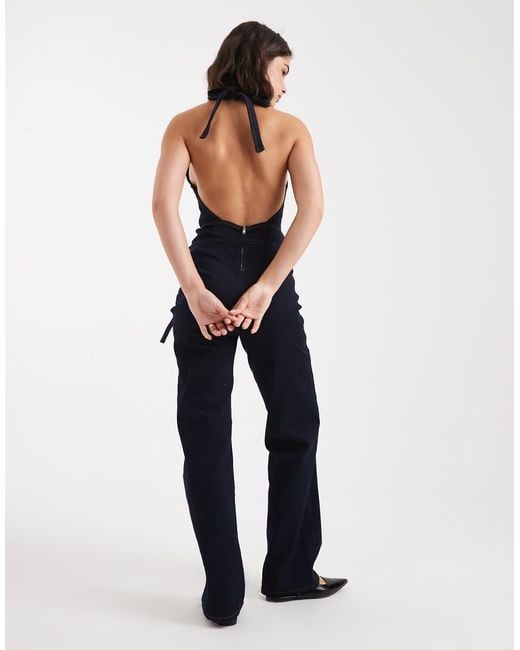 Miss Selfridge Blue Plunge Tie Waist Jumpsuit