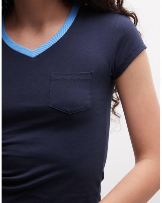 Collusion Blue 90s V-neck Fitted Contrast Tee