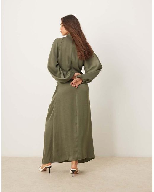 ASOS Green Draped Blouson Sleeve Satin Maxi Dress