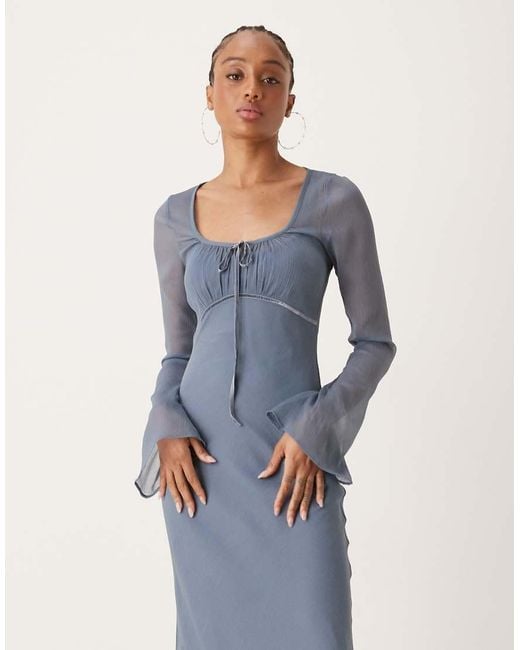 ASOS Blue Asos Design Tall Ruched Bust Long Sleeve Maxi Dress