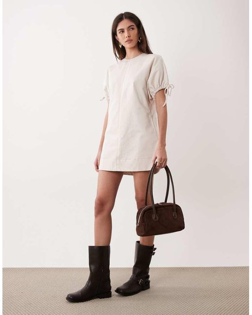ASOS Pink Crew Neck Mini Dress With Tie Sleeve Detail