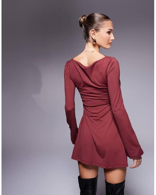 ASOS Red Slash Neck Cowl Mini Dress With Flute Sleeve