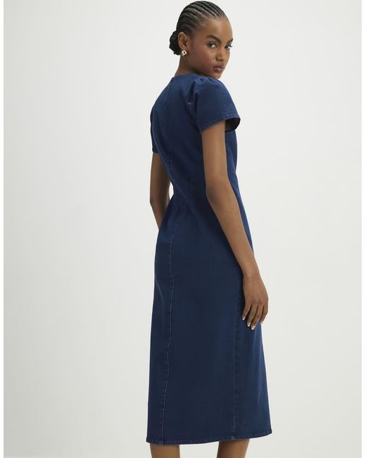 River Island Blue Denim Button Cap Sleeve Midi Dress