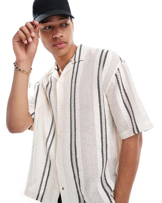 Pull&Bear White Rustic Textured Striped Shirt for men