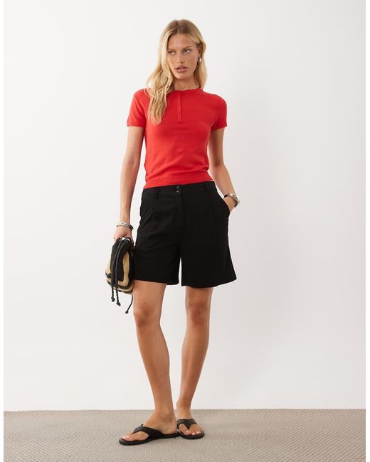 Mango Red Button Detail Short Sleeve Knitted Top