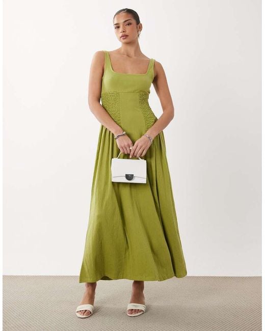 ASOS Green Crinkle Square Neck Panel Detail Midi Dress