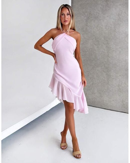 Tiger Mist Pink Elarina 2.0 Chiffon Halterneck Asymmetric Ruffle Hem Midi Dress