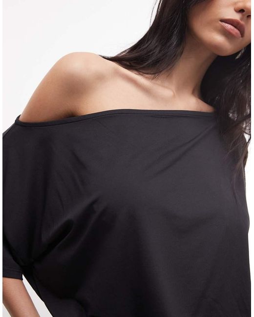 ASOS Blue Slinky Asymmetric One Shoulder Short Sleeve Top With Cinched Waist Detail